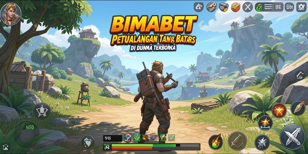 Screenshot gameplay BIMABET menampilkan dunia terbuka yang luas dan penuh warna.