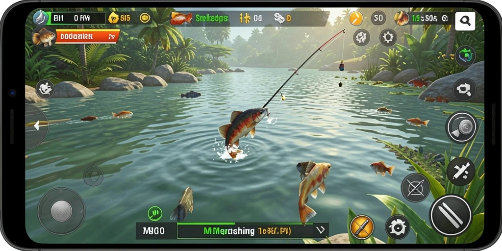 Tampilan gameplay FO8 yang menarik saat menangkap ikan.