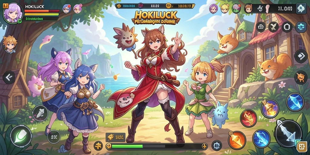 Screenshot HOKILUCK menunjukkan pertarungan karakter anime yang seru.