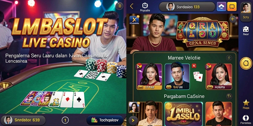 Screenshot gameplay LMBASLOT menampilkan dealer profesional dan suasana kasino nyata.