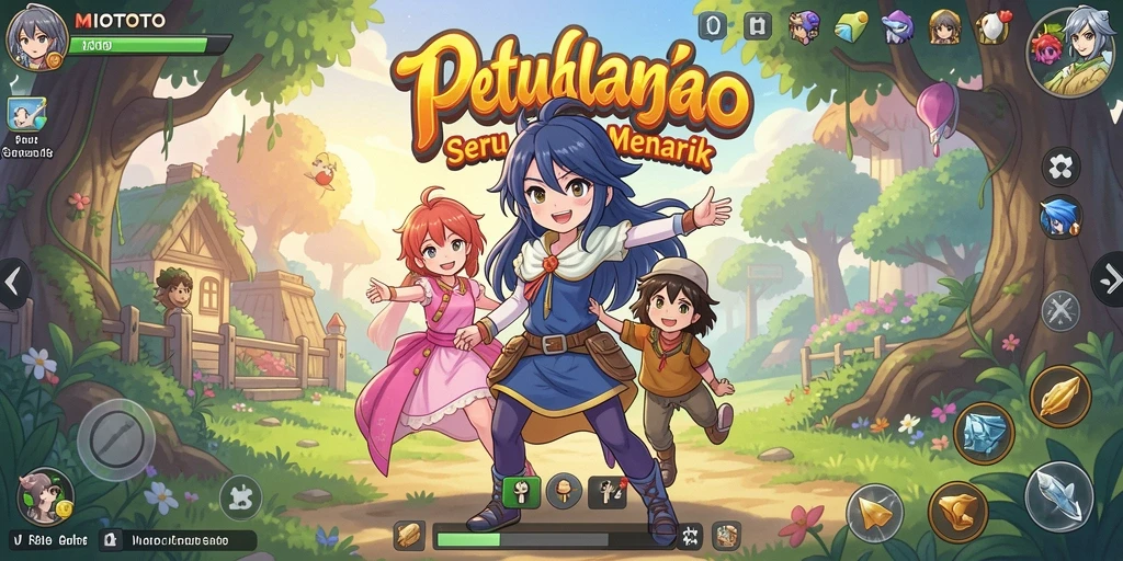 Tampilan gameplay seru di MIOTOTO dengan karakter Anime yang berwarna-warni.