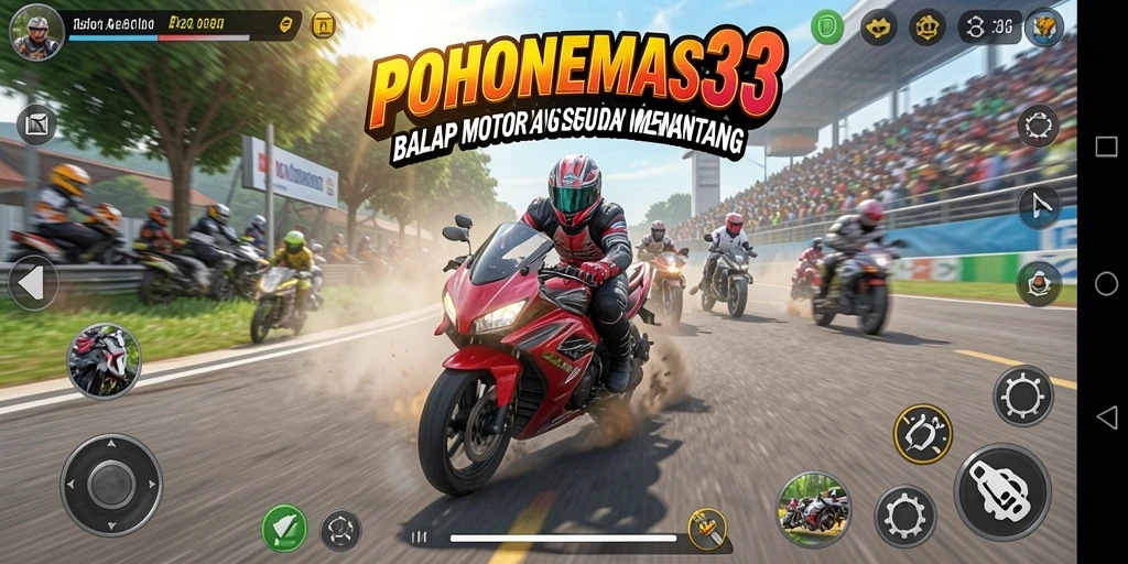 Tampilan gameplay seru dalam POHONEMAS33 dengan balapan motor yang cepat.