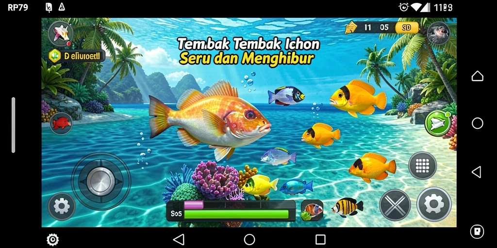 Tangkapan layar menunjukkan aksi menembak ikan yang seru dalam RP79.